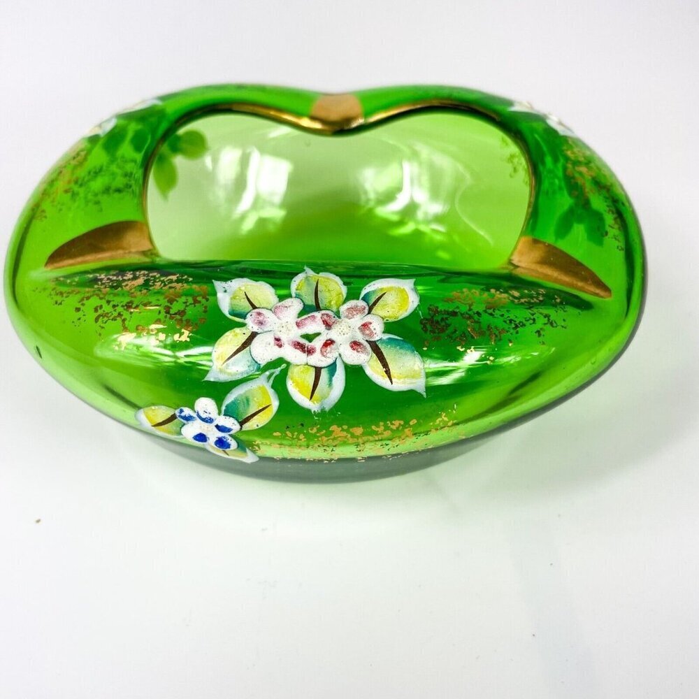 Vintage Bohemian Green Hand Enameled Floral Glass Ashtray